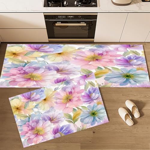 Küchenteppich Teppich Läufer Küchenläufer 2 Stück,Abstrakt Blumen Pflanzen küchenläufer Waschbar rutschfest Küchenmatte,Aquarellblütenblätter Fußmatte für Drinnen,Rosa Teppichläufer,45×75cm+45×150cm von CEDNXOER
