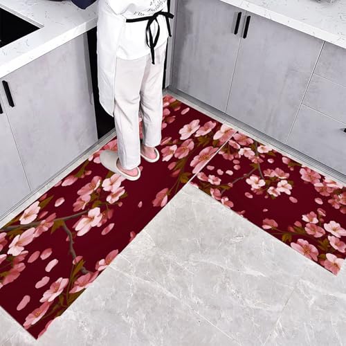 Küchenteppich Teppich Läufer Küchenläufer 2 Stück,Abstrakte Abbildung küchenläufer Waschbar rutschfest Küchenmatte,Aquarell Kirschblüte Fußmatte für Drinnen,Dunkelrot Teppichläufer,45×75cm+45×150cm von CEDNXOER