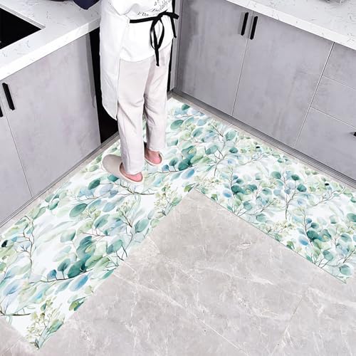 Küchenteppich Teppich Läufer Küchenläufer 2 Stück,Abstrakte Pflanzen küchenläufer Waschbar rutschfest Küchenmatte,Aquarell Eukalyptusblätter Fußmatte für Drinnen,Grün Teppichläufer,40×60cm+40×120cm von CEDNXOER
