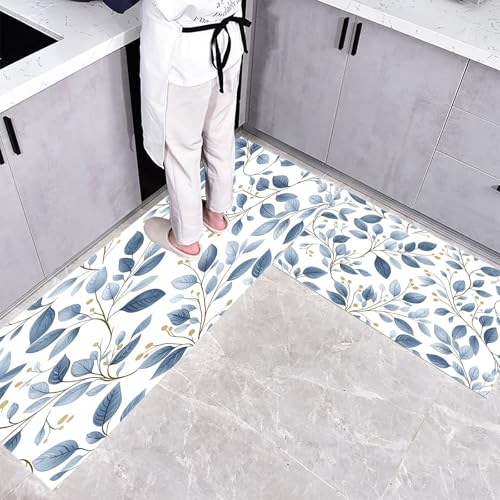 Küchenteppich Teppich Läufer Küchenläufer 2 Stück,Elegante Zweige küchenläufer Waschbar rutschfest Küchenmatte,Blätter Goldene Früchte Fußmatte für Drinnen,Dunkelblau Teppichläufer,40×60cm+40×120cm von CEDNXOER