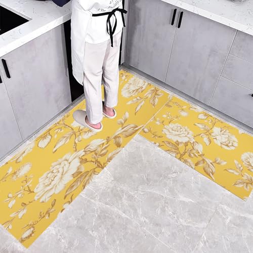 Küchenteppich Teppich Läufer Küchenläufer 2 Stück,Eleganz Blumen Pflanzen küchenläufer Waschbar rutschfest Küchenmatte,Weiße Blumen Weinreben Fußmatte für Drinnen,Gelb Teppichläufer,40×60cm+40×120cm von CEDNXOER