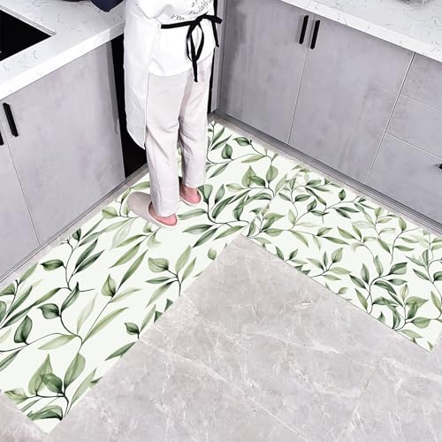 Küchenteppich Teppich Läufer Küchenläufer 2 Stück,Natur Pflanzen küchenläufer Waschbar rutschfest Küchenmatte,Handgezeichnete Olivenblätter Fußmatte für Drinnen,Grün Teppichläufer,45×75cm+45×150cm von CEDNXOER
