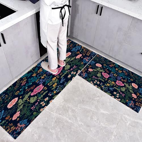 Küchenteppich Teppich Läufer Küchenläufer 2 Stück,Retro Klassisch Geblümt küchenläufer Waschbar rutschfest Küchenmatte,Blumen Pflanzen Fußmatte für Drinnen,Dunkelblau Teppichläufer,40×60cm+40×120cm von CEDNXOER