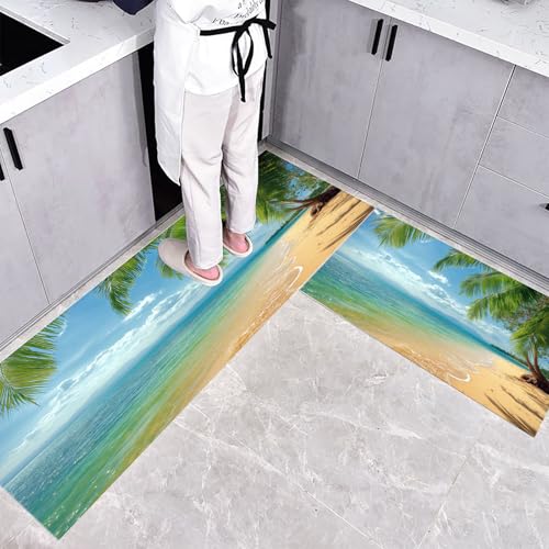 Küchenteppich Teppich Läufer Küchenläufer 2 Stück,Tropisch Pflanzen küchenläufer Waschbar rutschfest Küchenmatte,Goldener Strand Mit Palmen Fußmatte für Drinnen,Blau Teppichläufer,40×60cm+40×120cm von CEDNXOER
