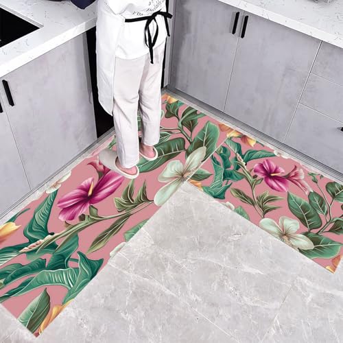 Küchenteppich Teppich Läufer Küchenläufer 2 Stück,Tropische Blumen küchenläufer Waschbar rutschfest Küchenmatte,Paradiesvogelblume Orchidee Fußmatte für Drinnen,Rosa Teppichläufer,50×80cm+50×160cm von CEDNXOER
