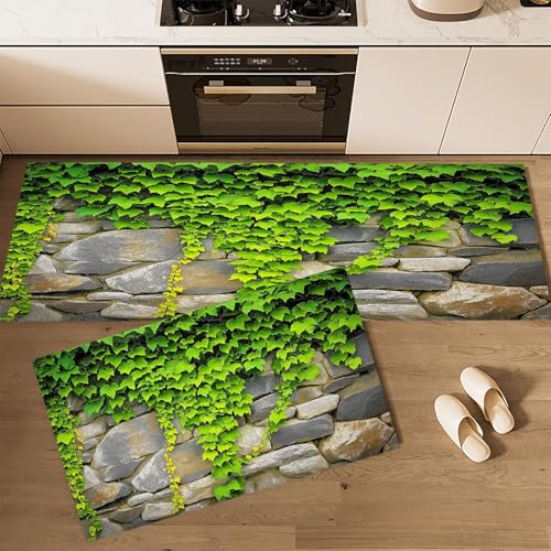 Küchenteppich Teppich Läufer Küchenläufer 2 Stück rutschfest, Landschaft Pflanzen Weinreben Alt Steinmauer Waschbar für Flur Küche 40×60cm+40×120cm von CEDNXOER