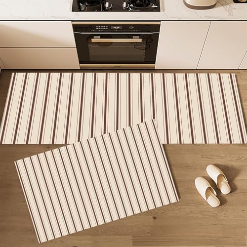 Küchenteppich Waschbar rutschfest 40×60cm+40×120cm, 2 Stück Küchenläufer, Braun Streifen Küchen Teppiche, Moderne Schlichte Linien Waschbarer Teppich Läufer Flur, Creme Teppichläufer für Küche Küchenteppich Waschbar rutschfest 40×60cm+40×120cm, 2 Stück Küchenläufer, Braun Streifen Küchen Teppiche, Moderne Schlichte Linien Waschbarer Teppich Läufer Flur, Creme Teppichläufer für Küche von CEDNXOER