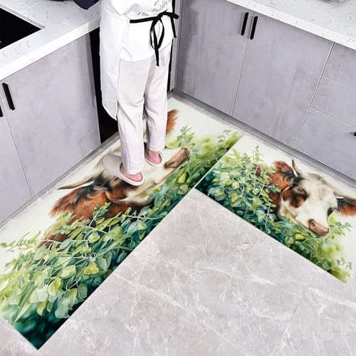 Küchenteppich Waschbar rutschfest 40×60cm+40×120cm, 2 Stück Küchenläufer, Braune Kuh Grüne Blätter Küchen Teppiche, Tiere Pflanzen Waschbarer Teppich Läufer Flur, Grün Teppichläufer für Küche von CEDNXOER