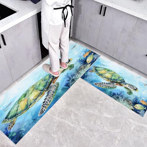 Küchenteppich Waschbar rutschfest 40×60cm+40×120cm, 2 Stück Küchenläufer, Grüne Meeresschildkröte Küchen Teppiche, Unterwasserwelt Waschbarer Teppich Läufer Flur, Blau Teppichläufer für Küche Küchenteppich Waschbar rutschfest 40×60cm+40×120cm, 2 Stück Küchenläufer, Grüne Meeresschildkröte Küchen Teppiche, Unterwasserwelt Waschbarer Teppich Läufer Flur, Blau Teppichläufer für Küche von CEDNXOER