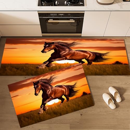 Küchenteppich Waschbar rutschfest 40×60cm+40×120cm, 2 Stück Küchenläufer, Sonnenuntergang Rennendes Pferd Küchen Teppiche, Natur Tiere Waschbarer Teppich Läufer Flur, Orange Teppichläufer für Küche Küchenteppich Waschbar rutschfest 40×60cm+40×120cm, 2 Stück Küchenläufer, Sonnenuntergang Rennendes Pferd Küchen Teppiche, Natur Tiere Waschbarer Teppich Läufer Flur, Orange Teppichläufer für Küche von CEDNXOER