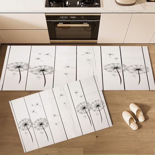 Küchenteppich Waschbar rutschfest 40×60cm+40×120cm,2 Stück Küchenläufer,Retro Holzmaserung Löwenzahn Küchen Teppiche,Landschaft Pflanzen Waschbarer Teppich Läufer Flur,Grau Teppichläufer für Küche von CEDNXOER