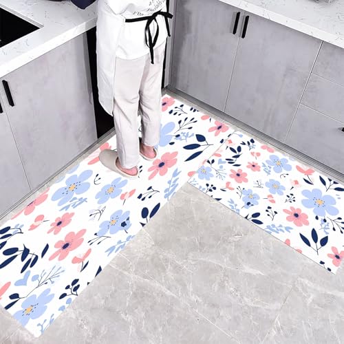 Küchenteppich Waschbar rutschfest 43×75cm+43×120cm, 2 Stück Küchenläufer, Blütenblätter Blumen Küchen Teppiche, Einfach Pflanzen Blumen Waschbarer Teppich Läufer Flur, Weiß Teppichläufer für Küche von CEDNXOER