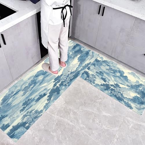 Küchenteppich Waschbar rutschfest 45×75cm+45×150cm, 2 Stück Küchenläufer, Berge Wälder Küchen Teppiche, Chinesisch Alt Künstlerisch Waschbarer Teppich Läufer Flur, Blau Teppichläufer für Küche Küchenteppich Waschbar rutschfest 45×75cm+45×150cm, 2 Stück Küchenläufer, Berge Wälder Küchen Teppiche, Chinesisch Alt Künstlerisch Waschbarer Teppich Läufer Flur, Blau Teppichläufer für Küche von CEDNXOER