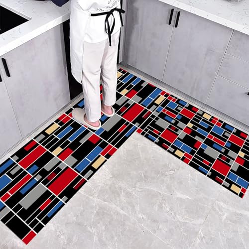 Küchenteppich Waschbar rutschfest 45×75cm+45×150cm, 2 Stück Küchenläufer, Drei Farbquadrate Küchen Teppiche, Einfache Geometrie Waschbarer Teppich Läufer Flur, Schwarz Teppichläufer für Küche von CEDNXOER