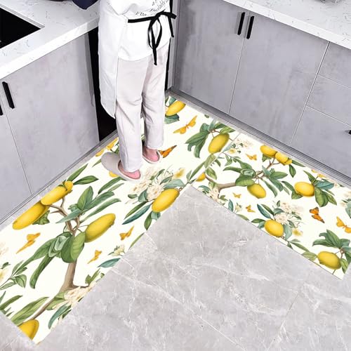 Küchenteppich Waschbar rutschfest 45×75cm+45×150cm, 2 Stück Küchenläufer, Gelbe Zitrone Küchen Teppiche, Natürliche Ästhetik Blumen Waschbarer Teppich Läufer Flur, Grün Teppichläufer für Küche von CEDNXOER