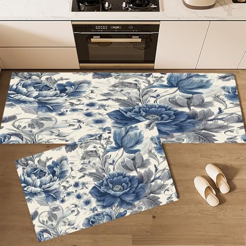 Küchenteppich Waschbar rutschfest 45×75cm+45×150cm, 2 Stück Küchenläufer, Pfingstrose Rose Küchen Teppiche, Elegant Blumen Pflanzen Waschbarer Teppich Läufer Flur, Weiß Teppichläufer für Küche von CEDNXOER