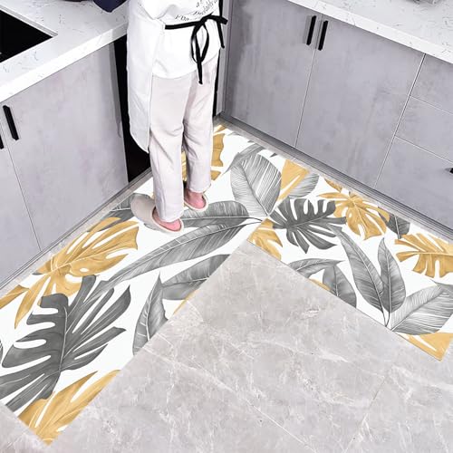 Küchenteppich Waschbar rutschfest 50×80cm+50×160cm, 2 Stück Küchenläufer, Grau Bananenblatt Küchen Teppiche, Abstrakte Tropische Pflanzen Waschbarer Teppich Läufer Flur, Weiß Teppichläufer für Küche von CEDNXOER