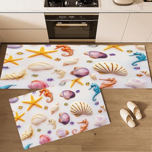 Küchenteppich Waschbar rutschfest 50×80cm+50×160cm, 2 Stück Küchenläufer, Muscheln Seepferdchen Seesterne Küchen Teppiche, Strand Tiere Waschbarer Teppich Läufer Flur, Weiß Teppichläufer für Küche Küchenteppich Waschbar rutschfest 50×80cm+50×160cm, 2 Stück Küchenläufer, Muscheln Seepferdchen Seesterne Küchen Teppiche, Strand Tiere Waschbarer Teppich Läufer Flur, Weiß Teppichläufer für Küche von CEDNXOER