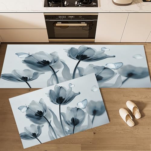Küchenteppiche 2 Stück, Transparente Blütenblätter Tulpe Rutschfestes Küchenmatten, Linien Blumen Wasser aufnehmen Küche Matten Fußmatte Teppich Set,Staubdicht Fußmatte für Drinnen 40×60cm+40×120cm von CEDNXOER