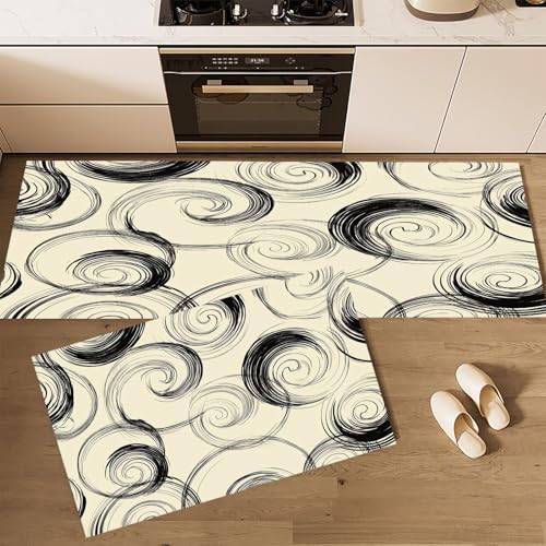 Küchenteppiche rutschfest Creme Waschbar Bodenmatten-Set 2 Stück Japanischer Geometrisch Schwarze Spiralstreifen Anti-Ermüdungs-Stehläufer Für Eingangsbereich Flur Wäscherei, 43×75cm+43×120cm von CEDNXOER
