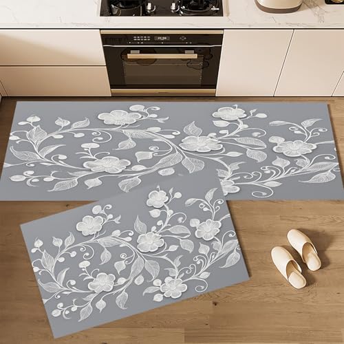 Küchenteppiche rutschfest Dunkelgrau Waschbar Bodenmatten-Set 2 Stück Elegant Pflanzen Blumen Blumen Weinreben Anti-Ermüdungs-Stehläufer Für Eingangsbereich Flur Wäscherei, 45×75cm+45×150cm von CEDNXOER