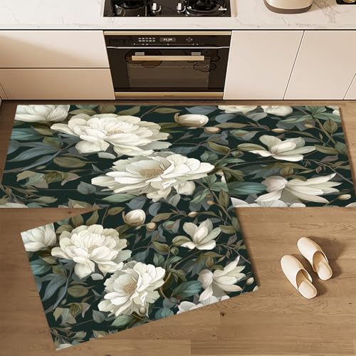 Küchenteppiche rutschfest Dunkelgrün Waschbar Bodenmatten-Set 2 Stück Landschaft Weinreben Pfingstrose Magnolie Anti-Ermüdungs-Stehläufer Für Eingangsbereich Flur Wäscherei, 43×75cm+43×120cm von CEDNXOER