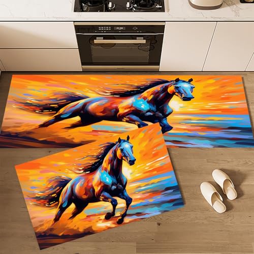 Küchenteppiche rutschfest Orange Waschbar Bodenmatten-Set 2 Stück Sonnenuntergang Tiere Strand Pferd Galoppieren Anti-Ermüdungs-Stehläufer Für Eingangsbereich Flur Wäscherei, 45×75cm+45×150cm von CEDNXOER