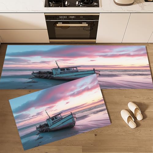 Küchenteppiche rutschfest Rosa Waschbar Bodenmatten-Set 2 Stück Strand Landschaft Sonnenuntergang Altes Fischerboot Anti-Ermüdungs-Stehläufer Für Eingangsbereich Flur Wäscherei, 43×75cm+43×120cm von CEDNXOER