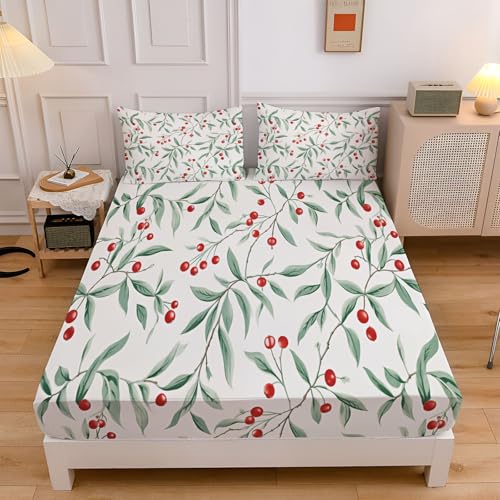 Rote Kirsche Spannbettlaken 140x200cm Kinder, Einfach Obst Bettlaken 3D Spannbetttuch, Weiß Spannbetttücher Topper 30 cm Höhe Weiche Mikrofaser Boxspringbett mit 2 Kissenbezügen Rote Kirsche Spannbettlaken 140x200cm Kinder, Einfach Obst Bettlaken 3D Spannbetttuch, Weiß Spannbetttücher Topper 30 cm Höhe Weiche Mikrofaser Boxspringbett mit 2 Kissenbezügen von CEDNXOER