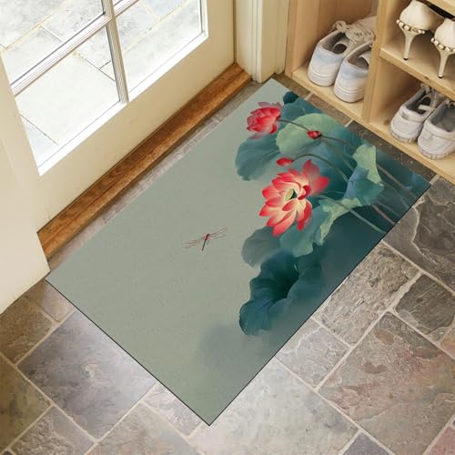 Salbeigrün Fußmatte Innen 50x80 cm Chinesischer Blumen, Waschbar Eingangsteppich, Roter Lotus Schmutzfangmatte rutschfest, Kurzflor Türmatte Teppich für Eingang, Haustür, Flur von CEDNXOER