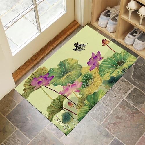 Schmutzfangmatte Innen, Avocadogrün Waschbarer Fussmatte, Lotusblatt Schmetterling China Lotus Teppiche, Niedriger Flor, rutschfest, Weiche, Eingangstürmatte für Flur Eingangsbereich Küche, 40x60 cm von CEDNXOER