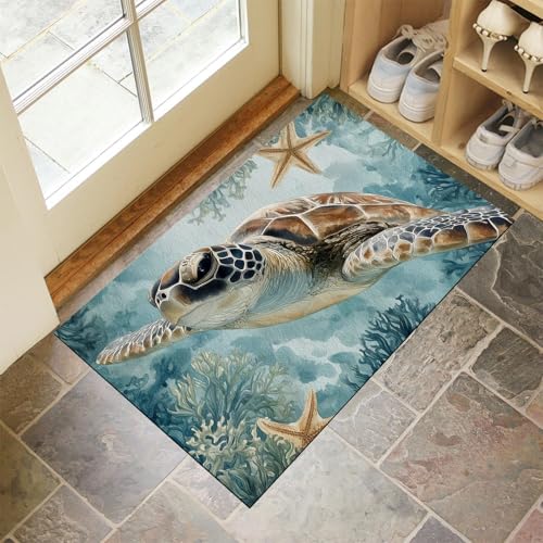 Schmutzfangmatte Innen, Blau Waschbarer Fussmatte, Eleganz Schildkröte Koralle Ozean Tiere Teppiche, Niedriger Flor, rutschfest, Weiche, Eingangstürmatte für Flur Eingangsbereich Küche, 60x90 cm von CEDNXOER