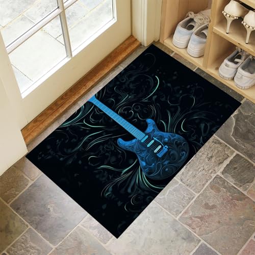 Schmutzfangmatte Innen, Dunkelblau Waschbarer Fussmatte, E-Gitarre Wirbel Musik Teppiche, Niedriger Flor, rutschfest, Weiche, Eingangstürmatte für Flur Eingangsbereich Küche, 60x90 cm von CEDNXOER