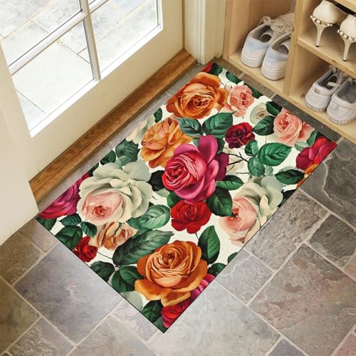 Schmutzfangmatte Innen, Grün Waschbarer Fussmatte, Aquarell Rosen Landschaft Blumen Teppiche, Niedriger Flor, rutschfest, Weiche, Eingangstürmatte für Flur Eingangsbereich Küche, 80x120 cm Schmutzfangmatte Innen, Grün Waschbarer Fussmatte, Aquarell Rosen Landschaft Blumen Teppiche, Niedriger Flor, rutschfest, Weiche, Eingangstürmatte für Flur Eingangsbereich Küche, 80x120 cm von CEDNXOER