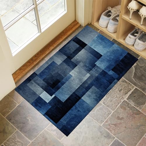Schmutzfangmatte Innen, Indigo Waschbarer Fussmatte, Blöcke Minimalismus Geometrie Teppiche, Niedriger Flor, rutschfest, Weiche, Eingangstürmatte für Flur Eingangsbereich Küche, 80x120 cm von CEDNXOER