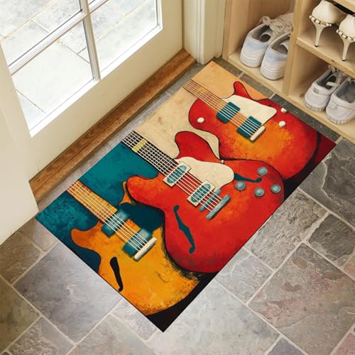 Schmutzfangmatte Innen, Rot Waschbarer Fussmatte, Retro-Gitarre Abstrakt Musikinstrumente Teppiche, Niedriger Flor, rutschfest, Weiche, Eingangstürmatte für Flur Eingangsbereich Küche, 40x60 cm von CEDNXOER