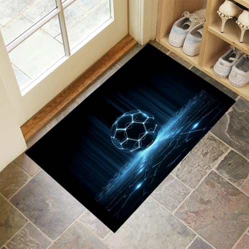 Schmutzfangmatte Innen, Schwarz Waschbarer Fussmatte, Blaues Licht Fußball Geometrie Bewegung Teppiche, Niedriger Flor, rutschfest, Weiche, Eingangstürmatte für Flur Eingangsbereich Küche, 80x120 cm von CEDNXOER