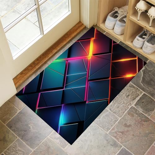 Schmutzfangmatte Innen, Schwarz Waschbarer Fussmatte, Neonlichter Modern Geometrisch Teppiche, Niedriger Flor, rutschfest, Weiche, Eingangstürmatte für Flur Eingangsbereich Küche, 40x60 cm von CEDNXOER