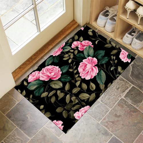 Schmutzfangmatte Innen, Schwarz Waschbarer Fussmatte, Rose Grüne Blätter Landschaft Blumen Teppiche, Niedriger Flor, rutschfest, Weiche, Eingangstürmatte für Flur Eingangsbereich Küche, 40x60 cm Schmutzfangmatte Innen, Schwarz Waschbarer Fussmatte, Rose Grüne Blätter Landschaft Blumen Teppiche, Niedriger Flor, rutschfest, Weiche, Eingangstürmatte für Flur Eingangsbereich Küche, 40x60 cm von CEDNXOER
