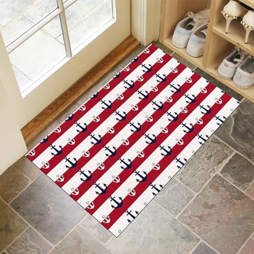 Schmutzfangmatte Innen, Weiß Waschbarer Fussmatte, Anker Rote Streifen Nautisches Thema Teppiche, Niedriger Flor, rutschfest, Weiche, Eingangstürmatte für Flur Eingangsbereich Küche, 80x120 cm von CEDNXOER