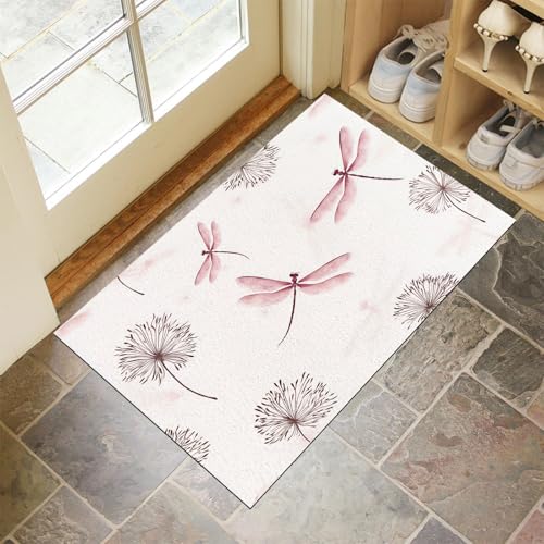 Schmutzfangmatte Innen, Weiß Waschbarer Fussmatte, Rosa Libelle Löwenzahn Tuschemalerei Blumen Teppiche, Niedriger Flor, rutschfest, Weiche, Eingangstürmatte für Flur Eingangsbereich Küche, 60x90 cm von CEDNXOER
