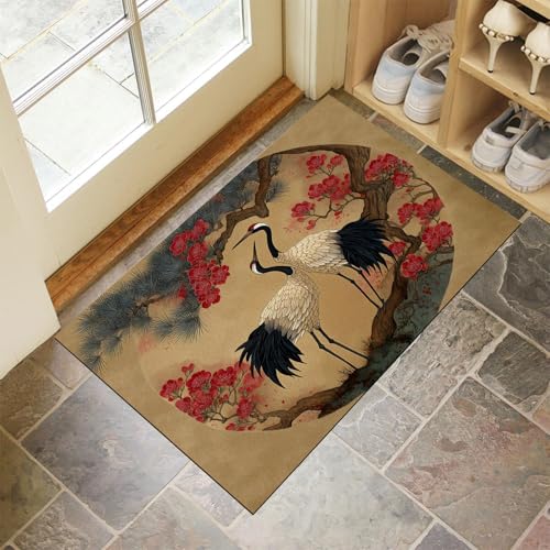 Schmutzfangmatte Innen,Braun Waschbarer Fussmatte,Kraniche Kiefern Chinesischer Stil Tiere Blumen Teppiche,Niedriger Flor,rutschfest,Weiche,Eingangstürmatte für Flur Eingangsbereich Küche,50x70 cm von CEDNXOER