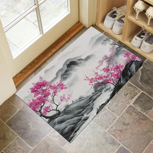 Schmutzfangmatte Innen,Grau Waschbarer Fussmatte,Berge Pfirsichblüten Landschaft Blumen Pflanzen Teppiche,Niedriger Flor,rutschfest,Weiche,Eingangstürmatte für Flur Eingangsbereich Küche,60x90 cm von CEDNXOER