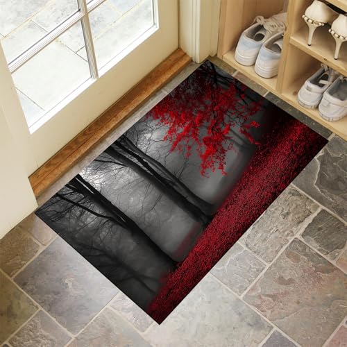 Schmutzfangmatte Innen,Rot Waschbarer Fussmatte,Psychedelisch Wald Abgefallene Blätter Pflanzen Teppiche,Niedriger Flor,rutschfest,Weiche,Eingangstürmatte für Flur Eingangsbereich Küche,50x80 cm von CEDNXOER