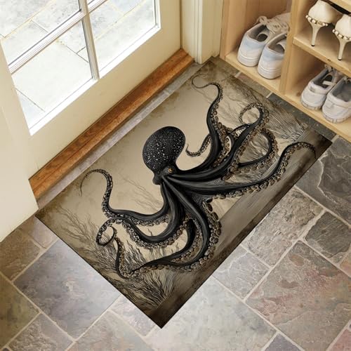 Schwarz Fußmatte Innen 50x70 cm Oktopus Tuschemalerei, Waschbar Eingangsteppich, Retro Tiere Schmutzfangmatte rutschfest, Kurzflor Türmatte Teppich für Eingang, Haustür, Flur von CEDNXOER