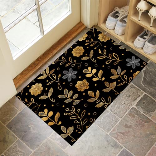 Schwarz Fußmatte Innen 50x80 cm Einfach Blumen, Waschbar Eingangsteppich, Goldene Blumen Schmutzfangmatte rutschfest, Kurzflor Türmatte Teppich für Eingang, Haustür, Flur Schwarz Fußmatte Innen 50x80 cm Einfach Blumen, Waschbar Eingangsteppich, Goldene Blumen Schmutzfangmatte rutschfest, Kurzflor Türmatte Teppich für Eingang, Haustür, Flur von CEDNXOER