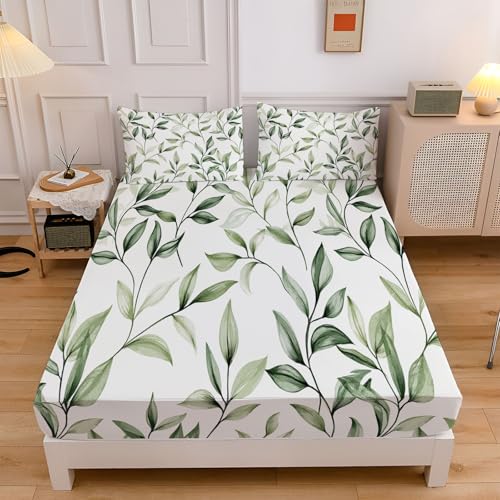 Spannbettlaken 140x200cm, Weiche Natur Pflanzen Mikrofaser Spannleintuch mit 30 cm Tiefe Tasche, Grün Boxspringbett Handgezeichnete Olivenblätter Bettlaken mit 2 Kissenbezügen 80x80 cm Spannbettlaken 140x200cm, Weiche Natur Pflanzen Mikrofaser Spannleintuch mit 30 cm Tiefe Tasche, Grün Boxspringbett Handgezeichnete Olivenblätter Bettlaken mit 2 Kissenbezügen 80x80 cm von CEDNXOER
