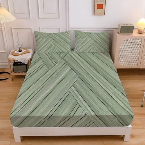 Spannbettlaken 140x200cm für Kinder, Einfache Holzmaserung Soft Mikrofaser Spannbetttuch mit 30 cm Tiefe Tasche, Salbeigrün Modern Streifen Dekorativer Boxspringbett mit 2 Kissenbezügen 80x80 cm von CEDNXOER