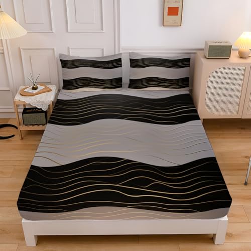 Spannbettlaken 160x200cm Schwarz Weiß Textur, Print Mikrofaser Bettlaken Set, 30cm Tiefe Taschenlaken für Boxspringbett, Luxus Gold Streifen Weich Spannbetttuch mit 2 Kissenbezügen 80x80cm Spannbettlaken 160x200cm Schwarz Weiß Textur, Print Mikrofaser Bettlaken Set, 30cm Tiefe Taschenlaken für Boxspringbett, Luxus Gold Streifen Weich Spannbetttuch mit 2 Kissenbezügen 80x80cm von CEDNXOER