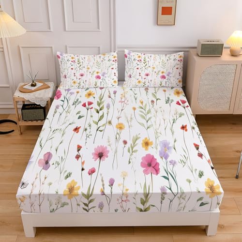 Spannbettlaken 160x200cm für Kinder, Aquarell Wildblumen Soft Mikrofaser Spannbetttuch mit 30 cm Tiefe Tasche, Weiß Pastoral Pflanzen Dekorativer Boxspringbett mit 2 Kissenbezügen 80x80 cm Spannbettlaken 160x200cm für Kinder, Aquarell Wildblumen Soft Mikrofaser Spannbetttuch mit 30 cm Tiefe Tasche, Weiß Pastoral Pflanzen Dekorativer Boxspringbett mit 2 Kissenbezügen 80x80 cm von CEDNXOER